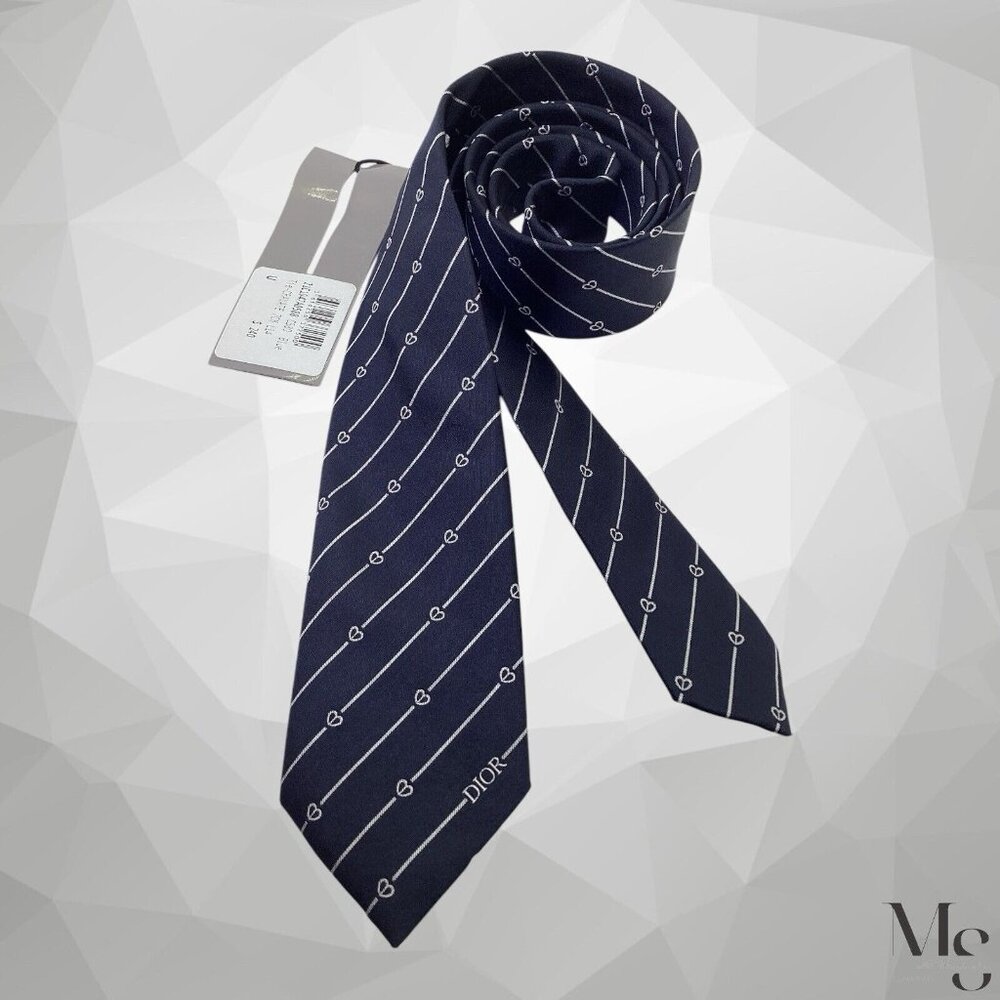 $240 DIOR Blue Striped With Heart Print Silk Tie H.M In Italy  58”-2.75’’ NWT